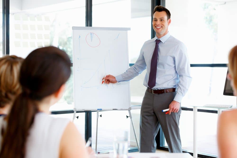 a man presenting from a whiteboard in a meeting to his work colleagues