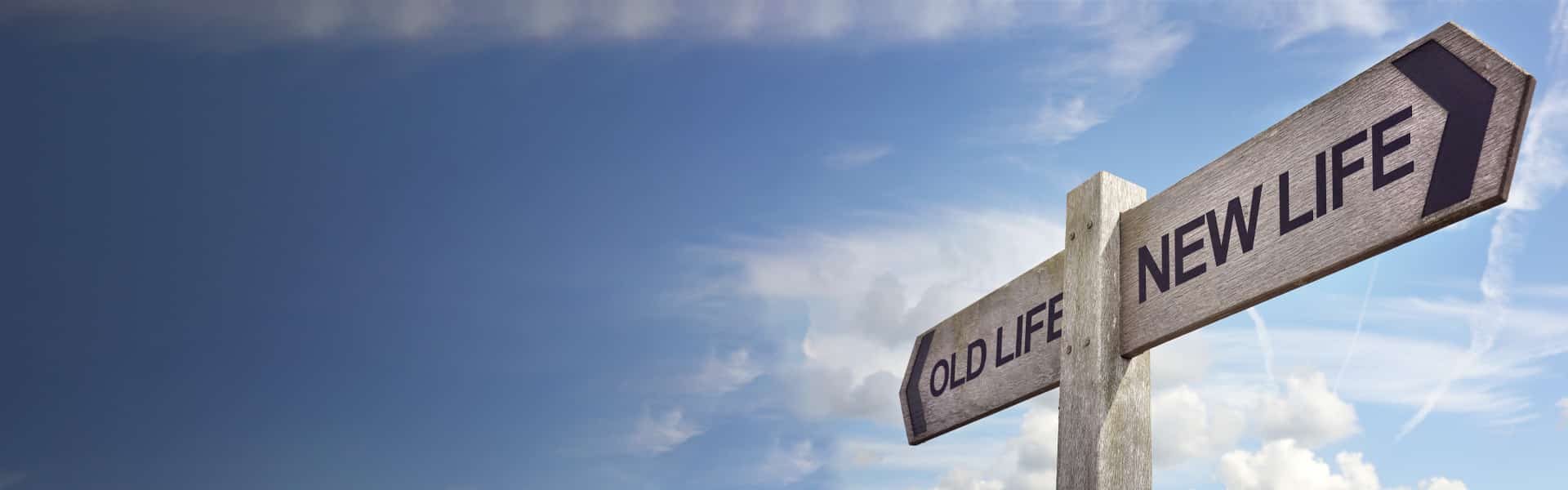 A sign with arrows pointing in different directions saying 'old life' and 'new life'