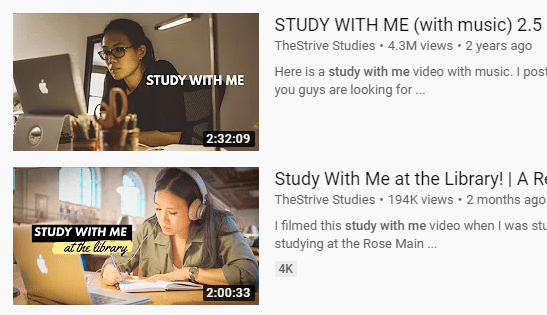 Screenshot of YouTube videos for the search "study with me"