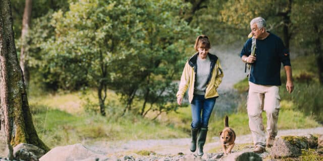 An image of 2 elderly people and a dog, in nature going for a walk