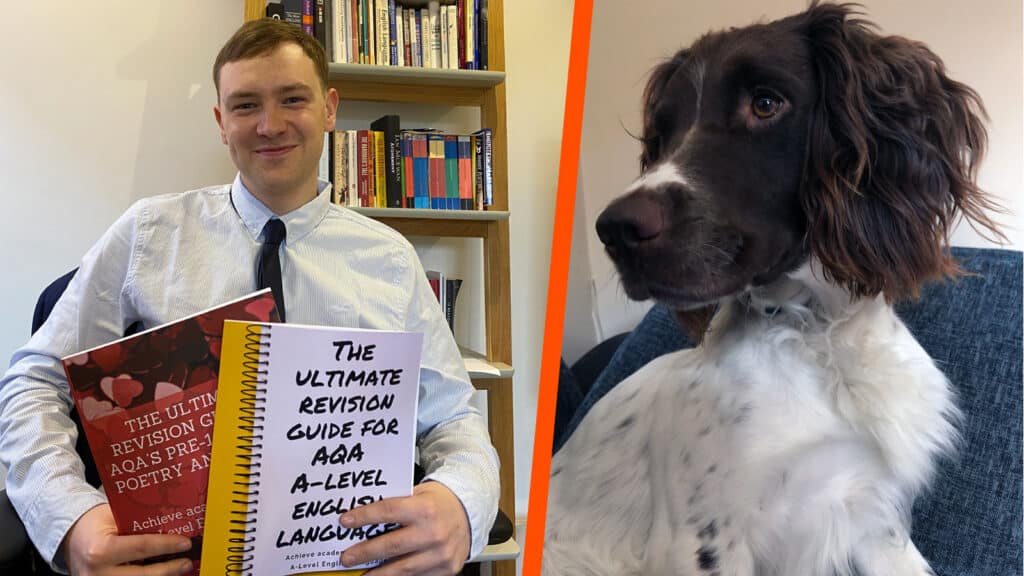 A double image of Tom with his published books and Tom's dog, Milo.