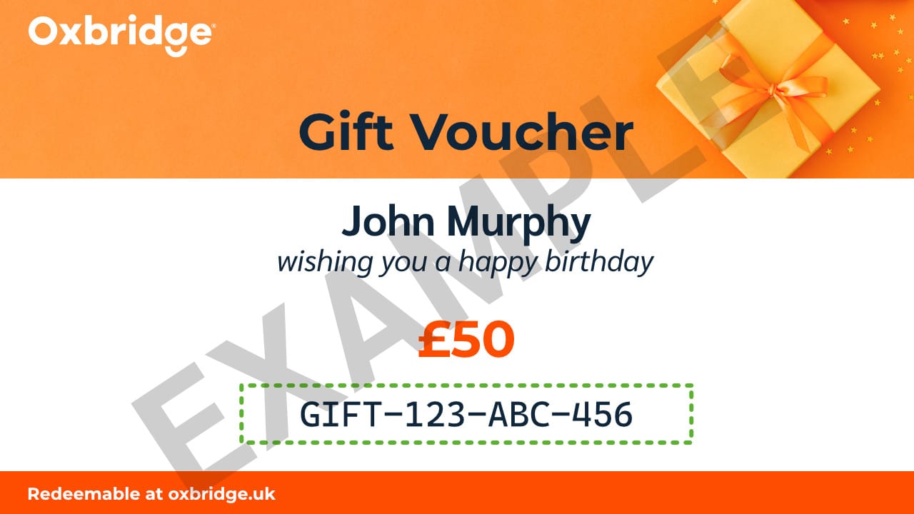 Example of a £50 Oxbridge gift voucher